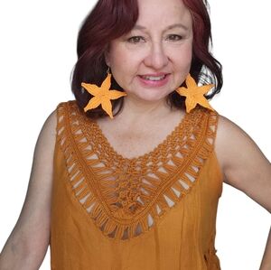 Rust Yellow Crochet Blouse Tunic Top Boho Festival Western Cowgirl SM